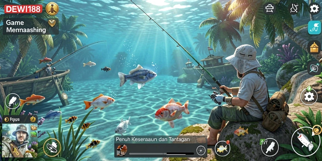 Tampilan menarik gameplay DEWI188 dengan berbagai ikan dan lokasi memancing.
