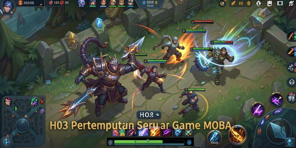 Tangkapan layar H03 menampilkan pertarungan tim yang mendebarkan dalam arena MOBA.