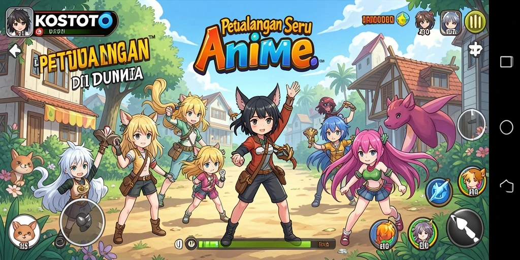 Tampilan gameplay KOSTOTO yang menarik dengan karakter anime ikonik.