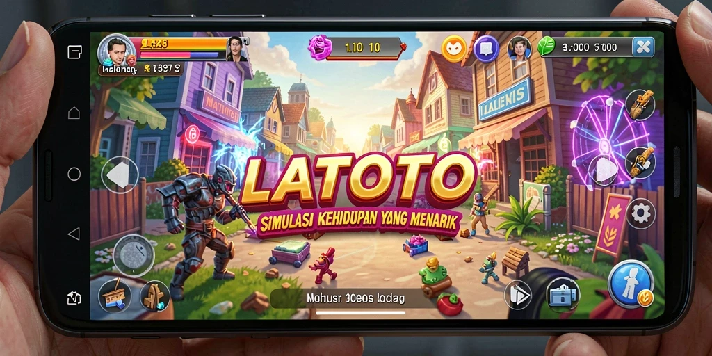 Screenshot utama LATOTO menampilkan gameplay simulasi kehidupan yang interaktif.