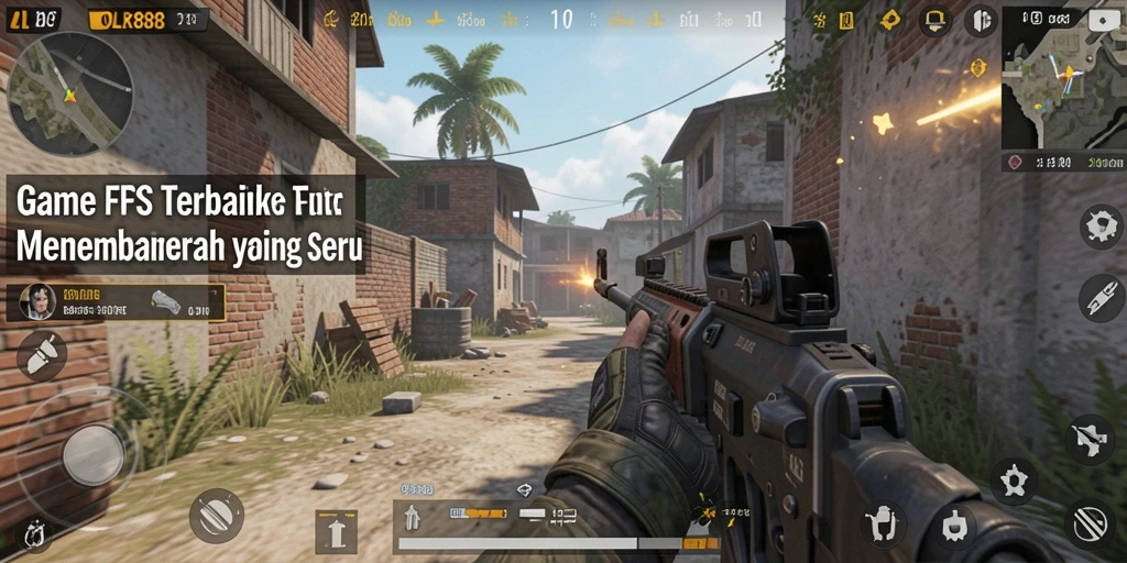 Screenshot utama OLX888 menampilkan aksi tembak menembak yang intens di arena FPS.