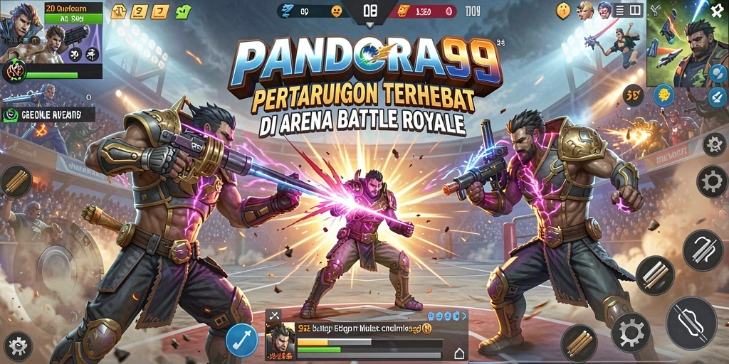 Tangkapan layar utama PANDORA99 menampilkan aksi intens Battle Royale.