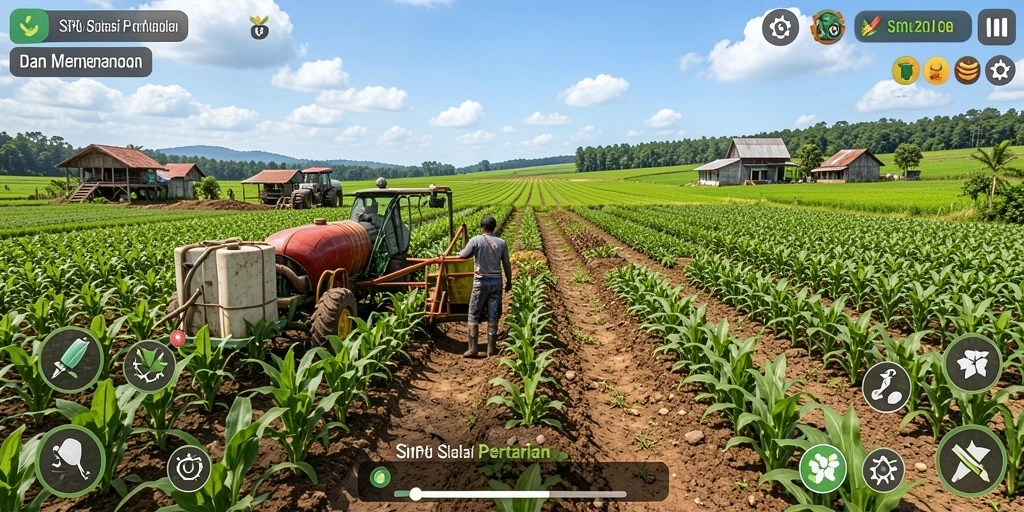 Screenshot gameplay RP8 menunjukkan ladang hijau dengan beragam tanaman.