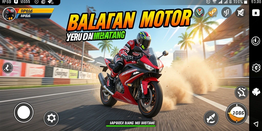 Screenshot gameplay RP886 menampilkan aksi balapan motor yang mendebarkan.