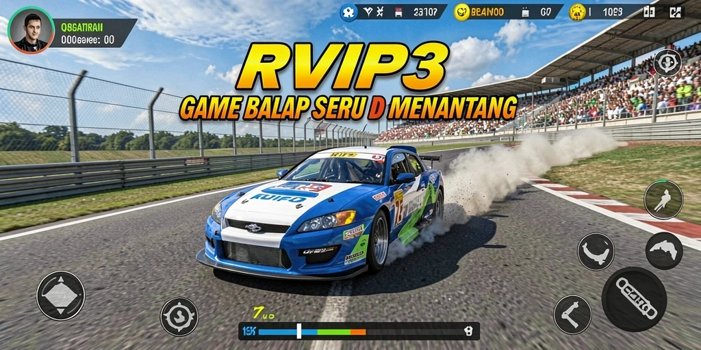 Tangkapan layar gameplay RVIP3 menampilkan balapan mendebarkan di trek yang penuh tantangan.