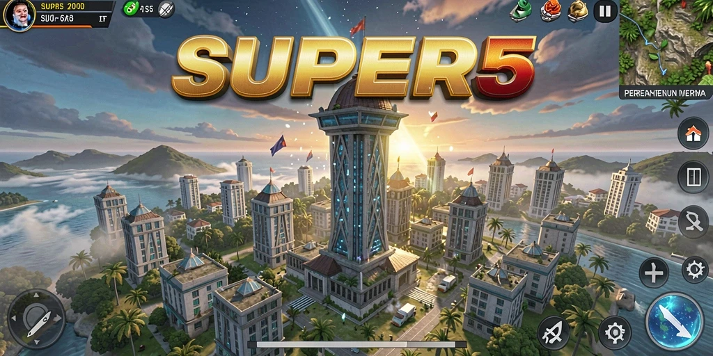 Tampilan gameplay SUPER5 dengan menara bertahan melawan musuh.